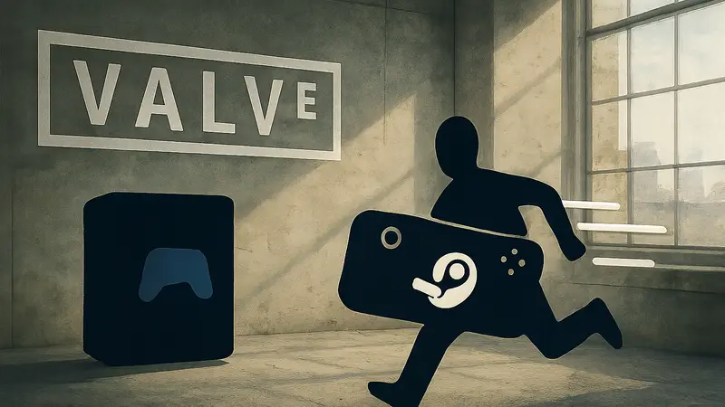 Логотип Valve рядом с силуэтами Steam Machine и Steam Deck, демонстрирующими скорость обновлений