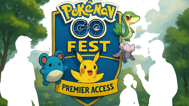 Логотип Pokémon Go Fest с покемонами и надписью Premier Access на ярком фоне