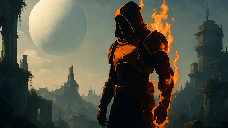 Игрок Destiny 2 в броне с шейдером Alchemy Scorch, видны эффекты огня