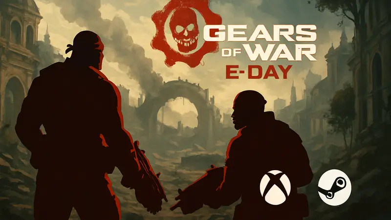 Арт новой игры Gears of War E-Day с Маркусом Фениксом и Домом, логотипами Xbox и Steam.