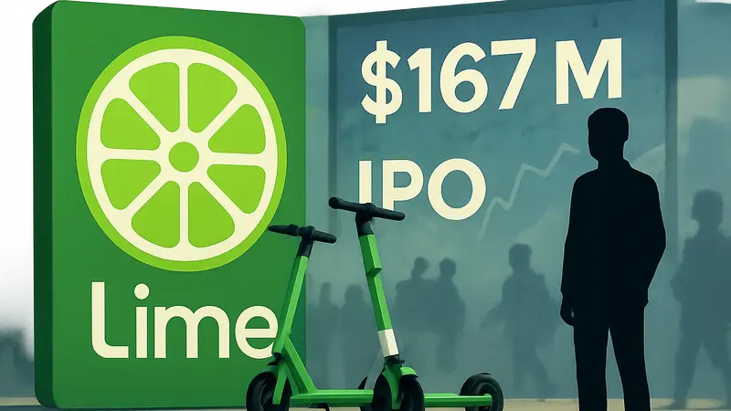 Логотип Lime и электросамокаты, на фоне новости о привлечении $167 млн на IPO