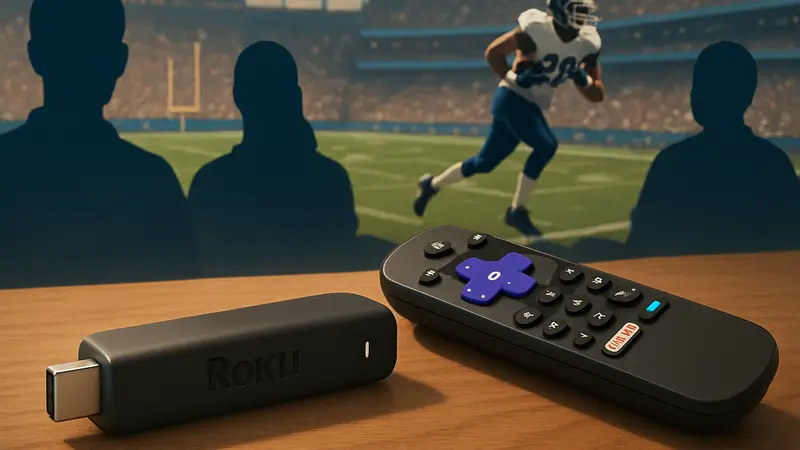 Изображение стика Roku Streaming Stick HD 2025 года, лежащего рядом с пультом управления.