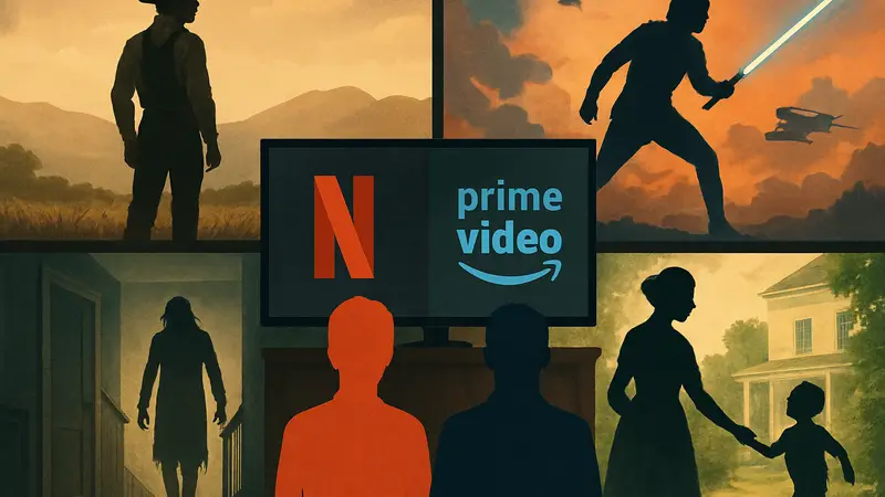 Кадры из различных новых фильмов, доступных на стриминговых сервисах Netflix и Prime Video.