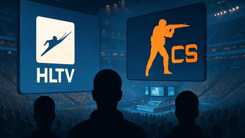 Логотип HLTV и символика Counter-Strike 2 на фоне киберспортивной арены