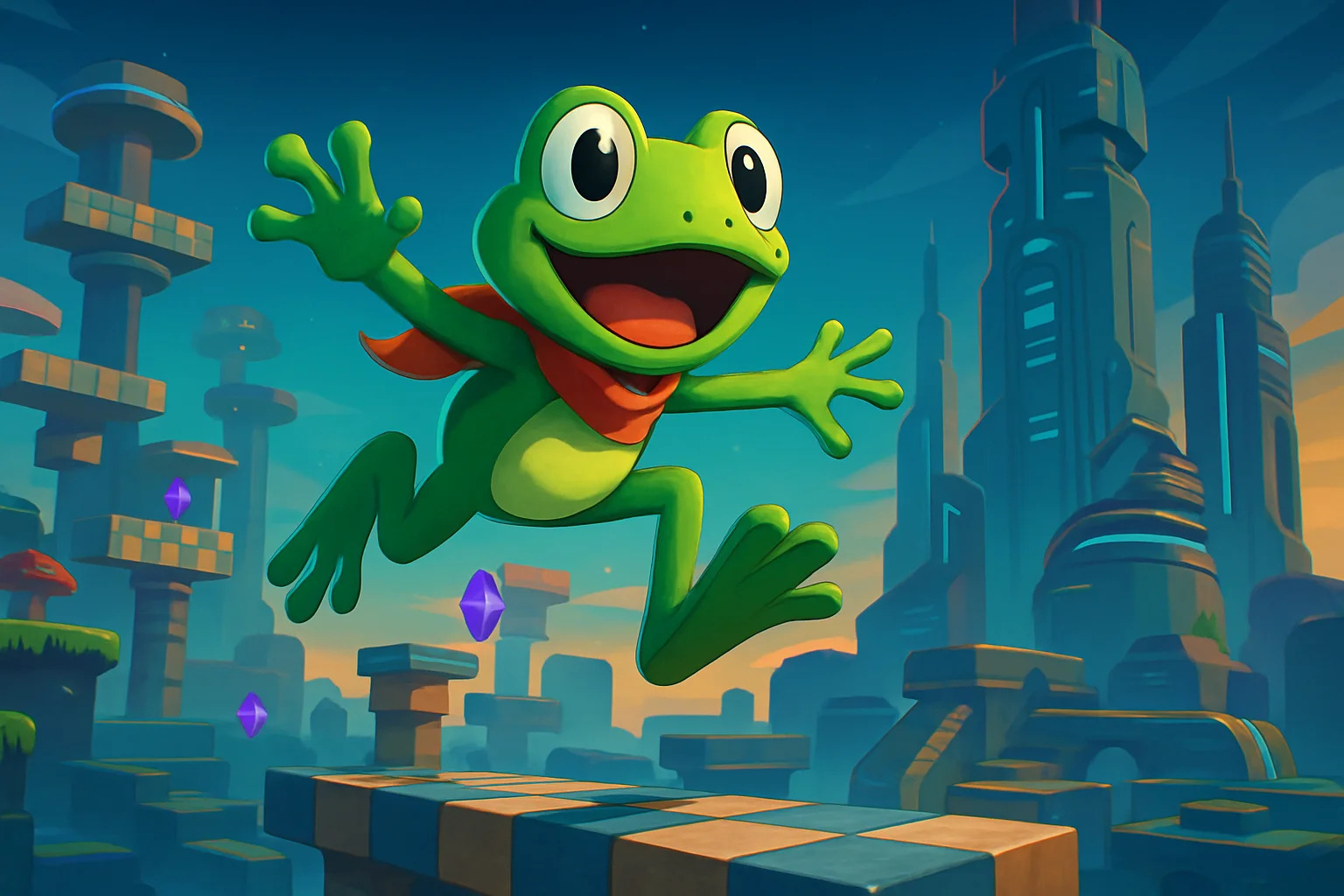Лягушка-персонаж Big Hops на фоне футуристического 3D-платформера, прыгающая по уровням