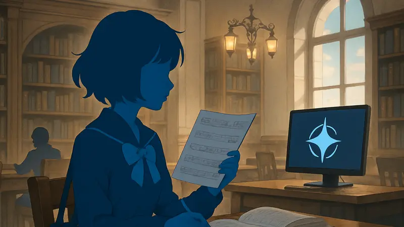 Изображение AI-компаньона от miHoYo на Steam, девушки-студентки с нотами.