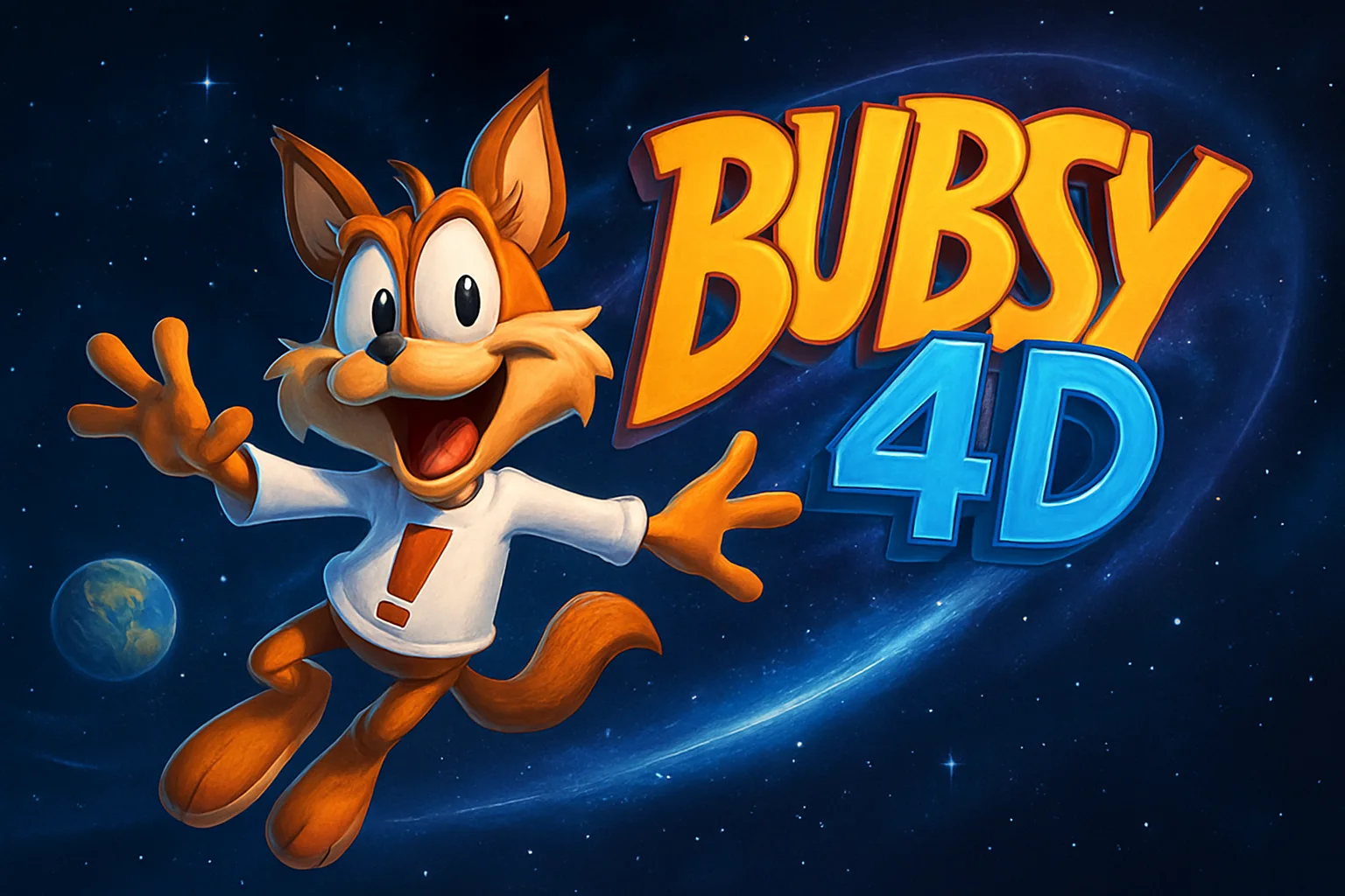 Заглавная иллюстрация Bubsy 4D с котом Bubsy, летящим в космическом пространстве на фоне логотипа игры.