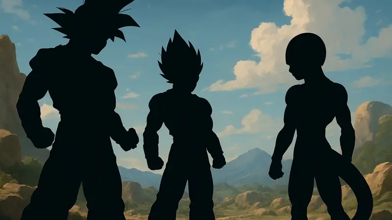 Главные персонажи Dragon Ball: Гоку, Веджета и Фриза, готовящиеся к битве.