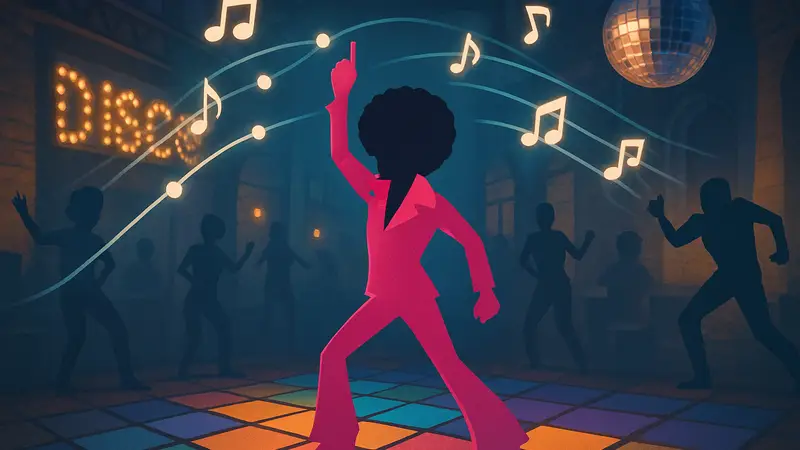 Игровой процесс в Dead as Disco с элементами ритм-игры и лучшими песнями. Музыкальные ноты и персонажи.
