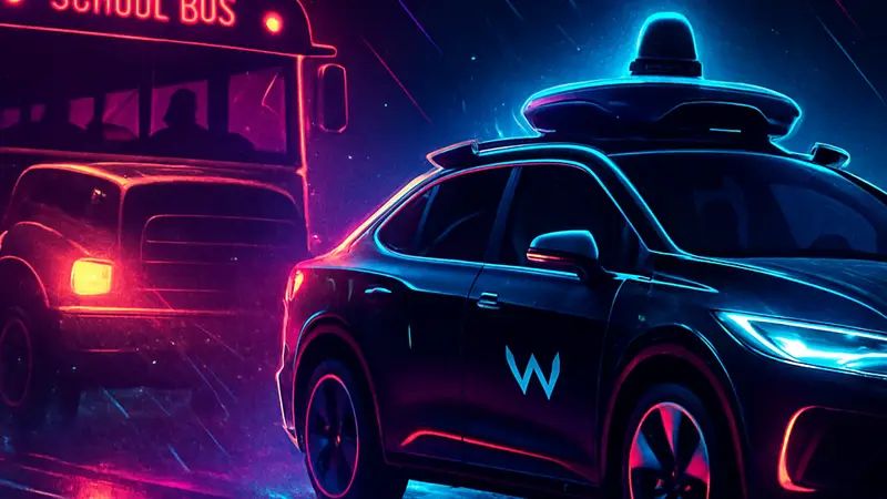 Беспилотный автомобиль Waymo проезжает мимо школьного автобуса, символизируя расследование NTSB.
