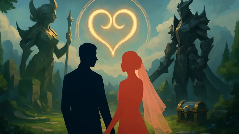 Свадебная пара и элементы League of Legends, символизирующие их любовь и игру