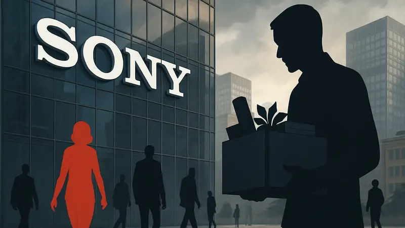 Логотип Sony на фоне сокращений сотрудников. Реструктуризация Sony Pictures Entertainment.