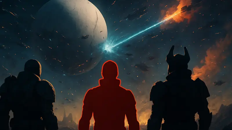 Кадр из финальной катсцены Destiny с ключевыми персонажами игры, на фоне космического сражения.