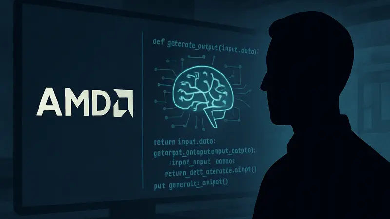 AMD логотип и фрагмент кода, символизирующий AI-генерацию