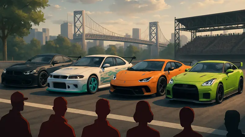 Спортивные машины из Need for Speed Unbound готовятся к гонке The Grand на стартовой линии.