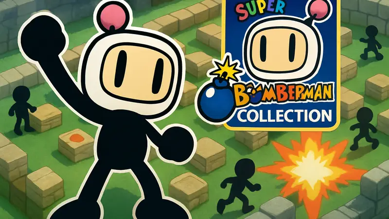 Логотип Super Bomberman Collection на фоне игрового процесса Bomberman