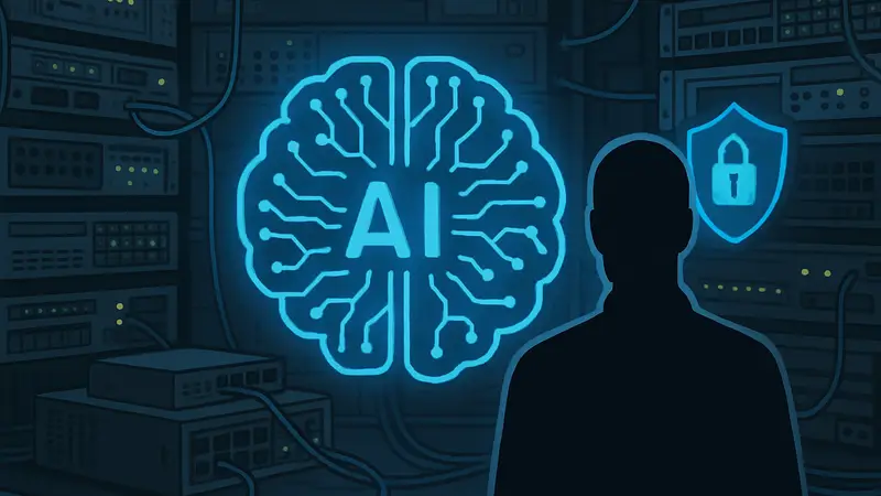 Изображение ИИ-мозга на фоне сетевых устройств, символизирующее локальную обработку ИИ и кибербезопасность.