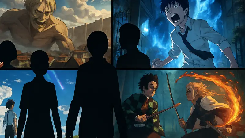 Коллаж из кадров популярных аниме-сериалов 2010-х годов, яркий и динамичный.