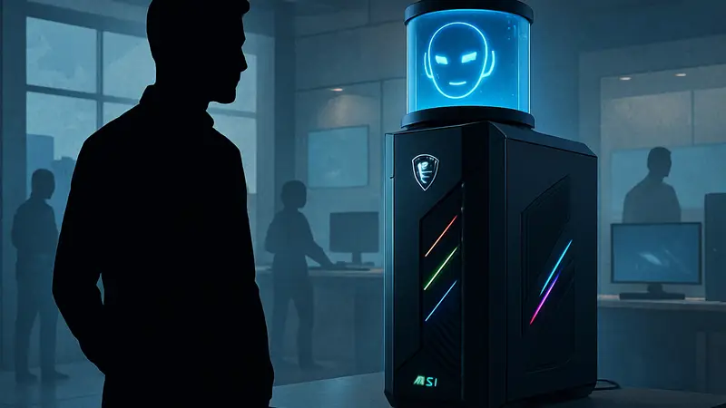 Игровой компьютер MSI MEG Vision X2 AI Plus с подсветкой и цилиндрическим дисплеем.