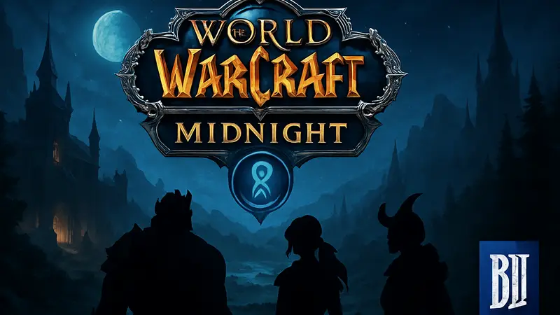 Логотип World of Warcraft Midnight с надписью Turbulent Timeways и символикой Blizzard.