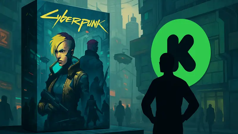 Коробка коллекционной карточной игры Cyberpunk TCG, логотип Kickstarter