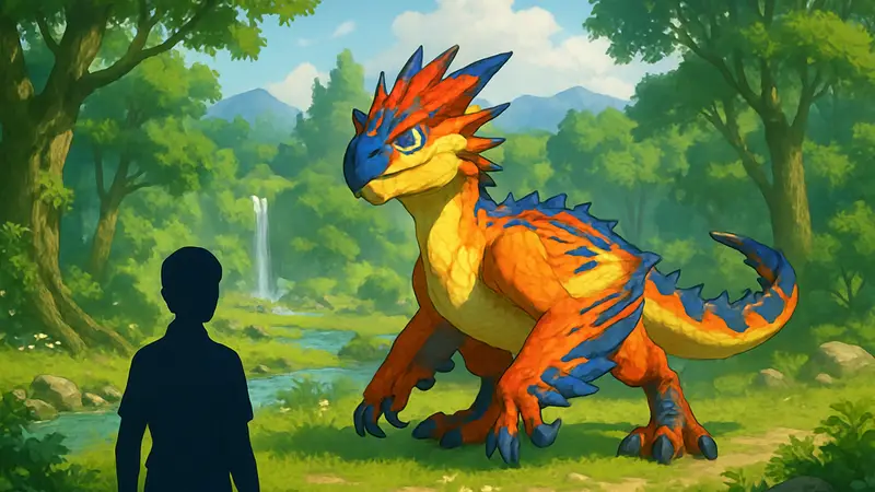 Изображение монстра (Monstie) из Monster Hunter Stories 3 в восстановленной среде обитания.