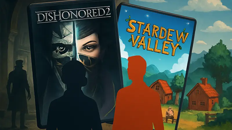 Обложки к лассических видеоигр 2016 года Dishonored 2 и Stardew Valley на фоне игровых кадров.