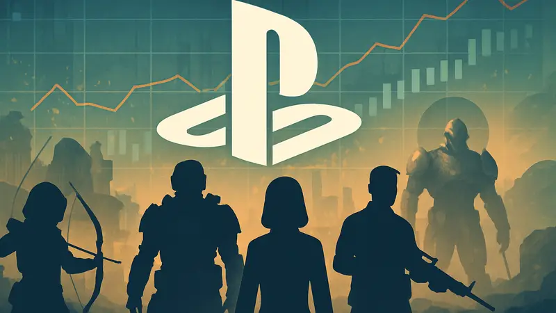Логотип Sony PlayStation на фоне изображений игр-сервисов и графиков