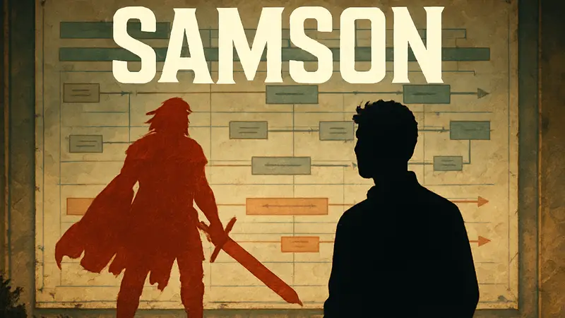 Логотип игры Samson на фоне дорожной карты с планами по обновлению и спасению игры