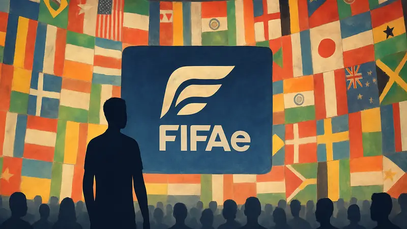 Логотип FIFAe на фоне флагов стран, символизирующих глобальное участие в киберспорте.