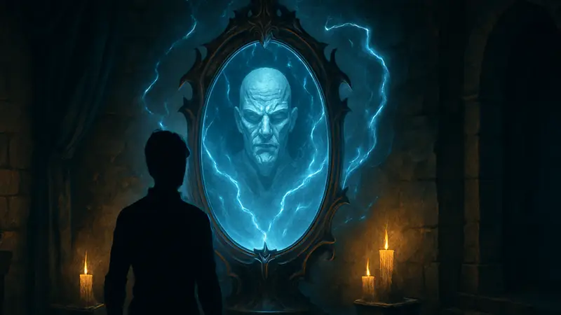 Изображение Загадочного Зеркала из Baldur's Gate 3, окруженного магическим свечением в темной комнате.