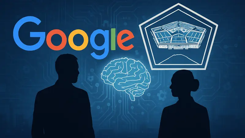 Логотипы Google и Пентагона, символизирующие сотрудничество в области ИИ и технологий.