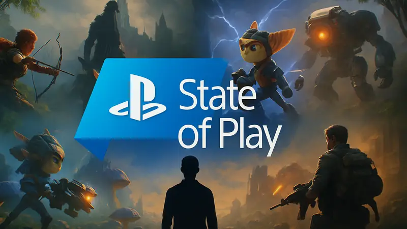 Логотип PlayStation State of Play на фоне игровых кадров