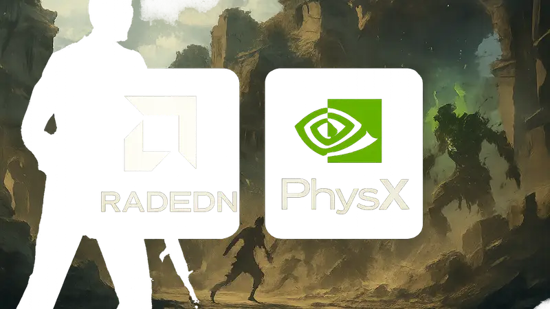 Логотипы AMD Radeon и NVIDIA PhysX на фоне игрового процесса с высокой частотой кадров в играх.
