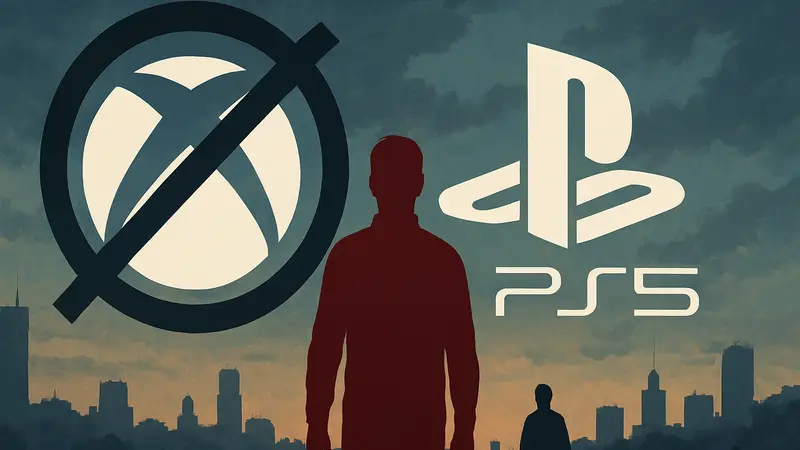 Изображение логотипов Xbox и PlayStation 5 с перечёркнутым лого Xbox на фоне отмены игр.