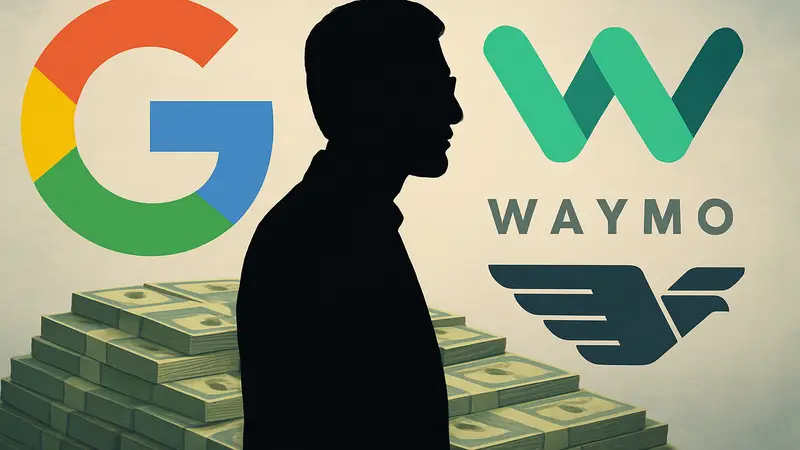 Генеральный директор Google Сундар Пичаи на фоне логотипов Waymo и Wing, символизирующих его крупную зарплату.