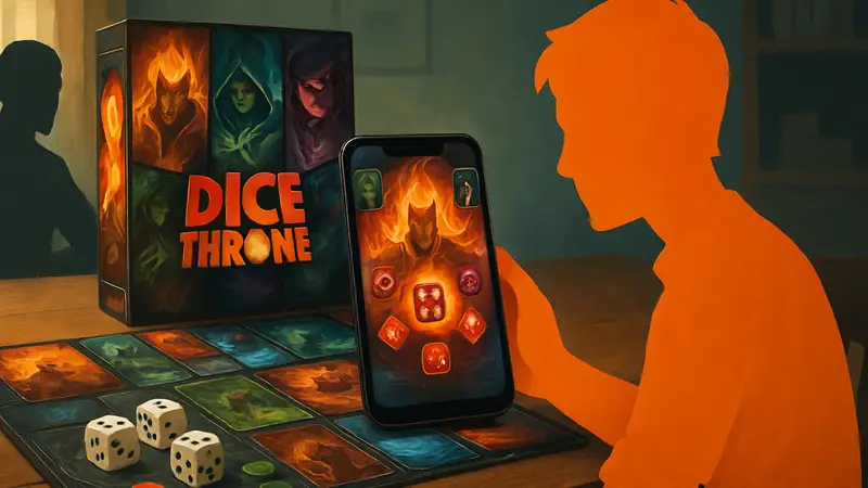 Изображение настольной игры Dice Throne с кубиками и картами, переходящей в цифровой формат на мобильном устройстве.