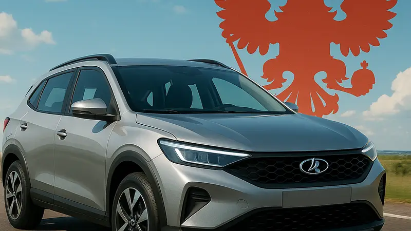 Новый автомобиль Lada Iskra, демонстрирующий современный дизайн на фоне дороги, символ российского автопрома.