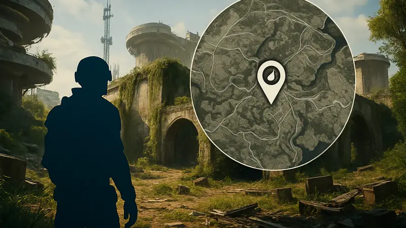 Игровой скриншот из ARC Raiders с маркером квеста "A Reveal in Ruins" на карте.
