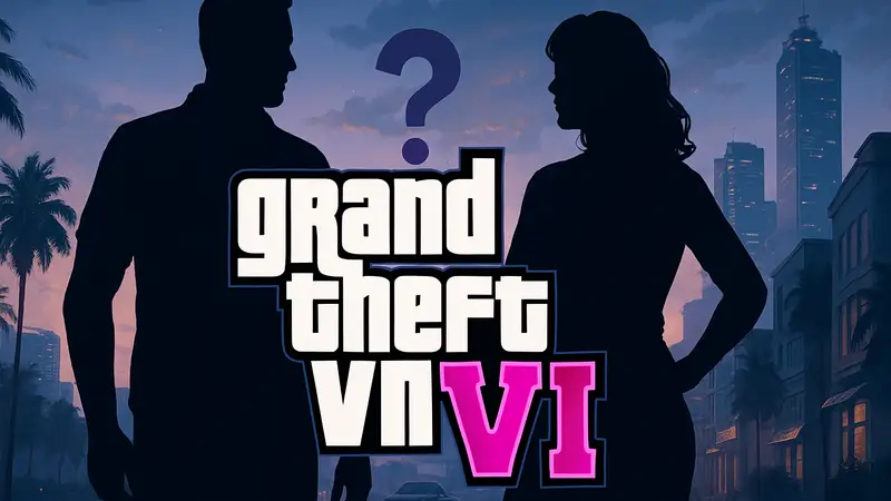 Логотип GTA 6 на фоне силуэтов главных героев, сюжетные интриги