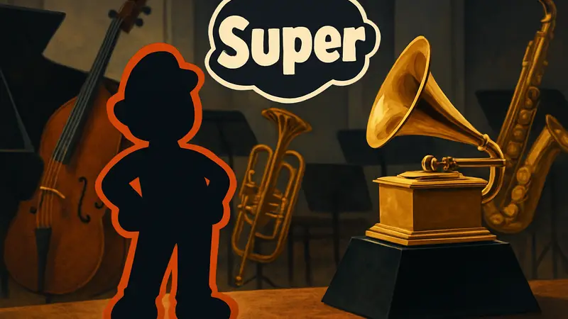 Логотип Super Mario и статуэтка Грэмми на фоне музыкальных инструментов
