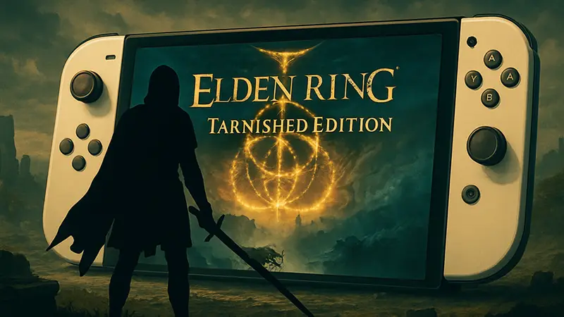 Логотип Elden Ring: Tarnished Edition на фоне приставки Nintendo Switch 2