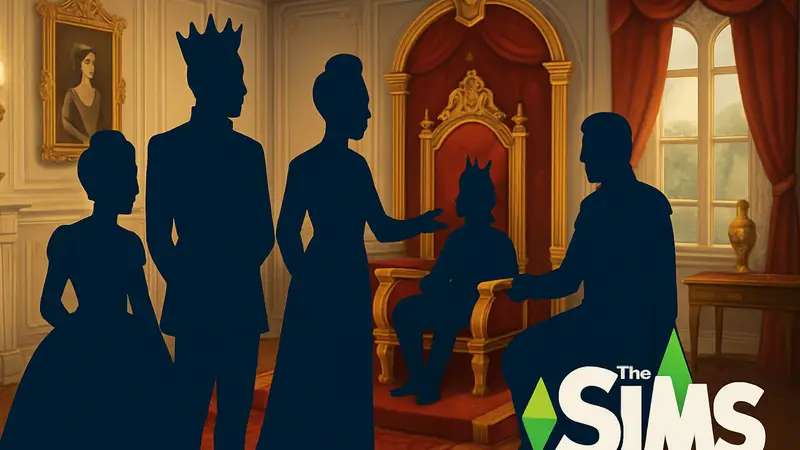 Скриншот из Sims 4 Royalty & Legacy, показывающий симов в роскошных нарядах в королевском интерьере, полный деталей.