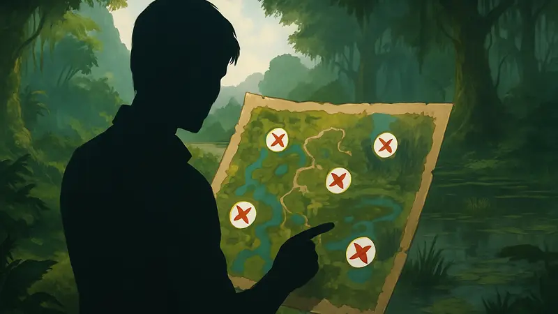 Игровой мир Windrose: карта с указанием скрытых открытий в джунглях и болотах.