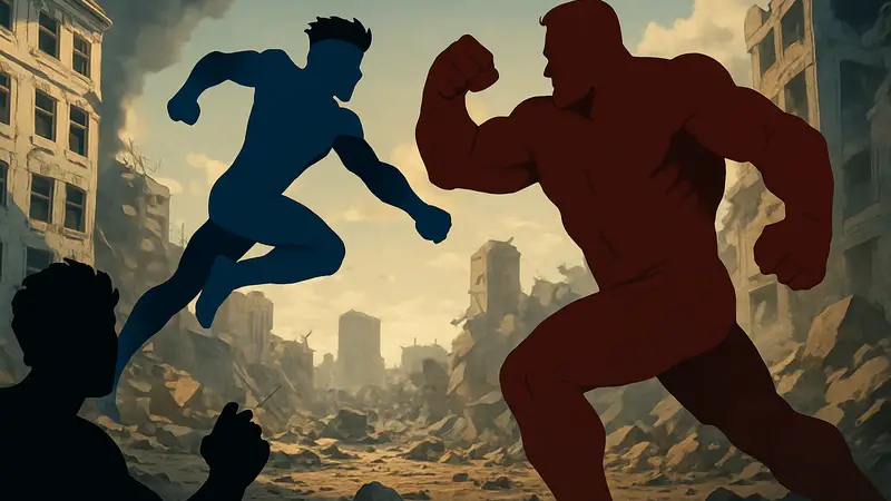 Скриншот из сюжетного трейлера Invincible VS для PS5, демонстрирующий героев игры в динамичной сцене.