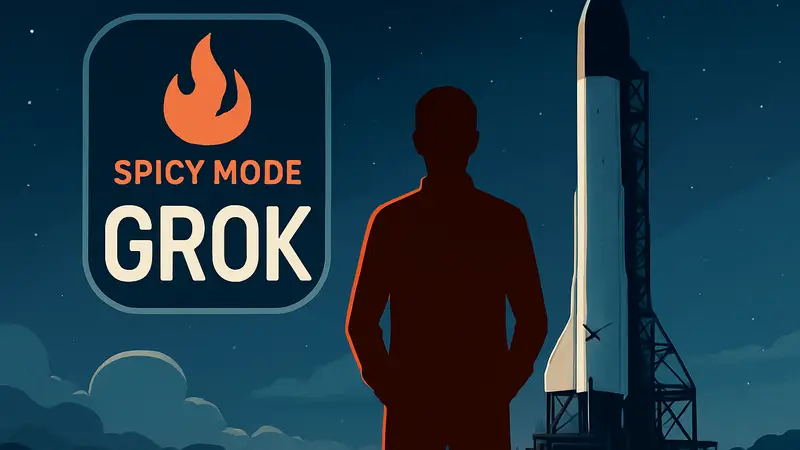 Логотип Grok AI с надписью 'Spicy Mode' и символика SpaceX на фоне.