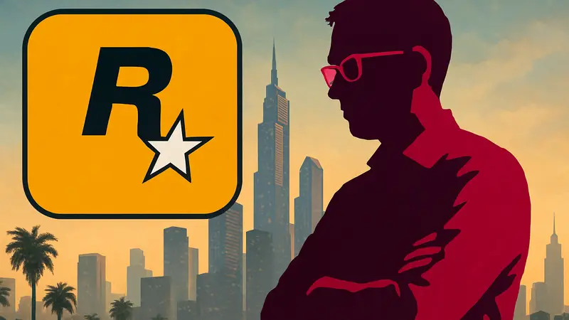 Джейсон Шрейер на фоне логотипа Rockstar Games и силуэта города из GTA VI, символизирующего конфликт инсайдера с компанией.