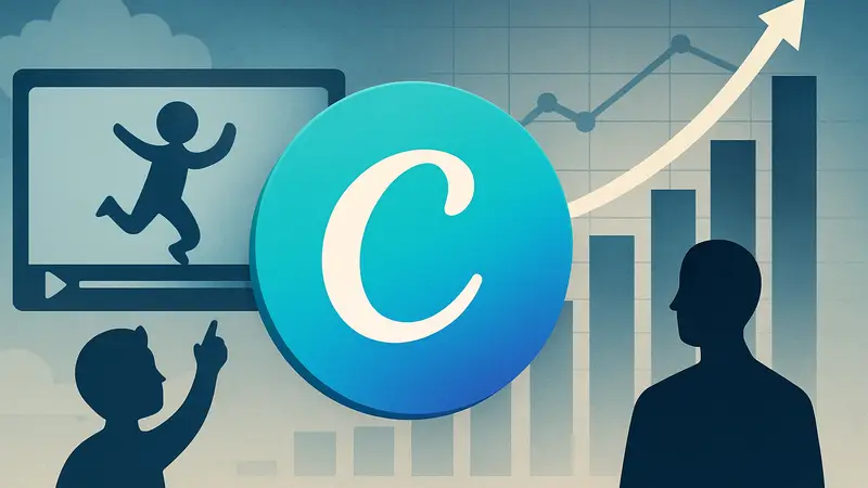 Логотип Canva на фоне элементов анимации и маркетинговых графиков, показывающих рост.
