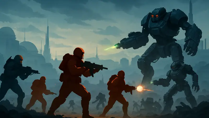 Хеллдайверы из Helldivers 2 сражаются с киборгами на фоне футуристического пейзажа.