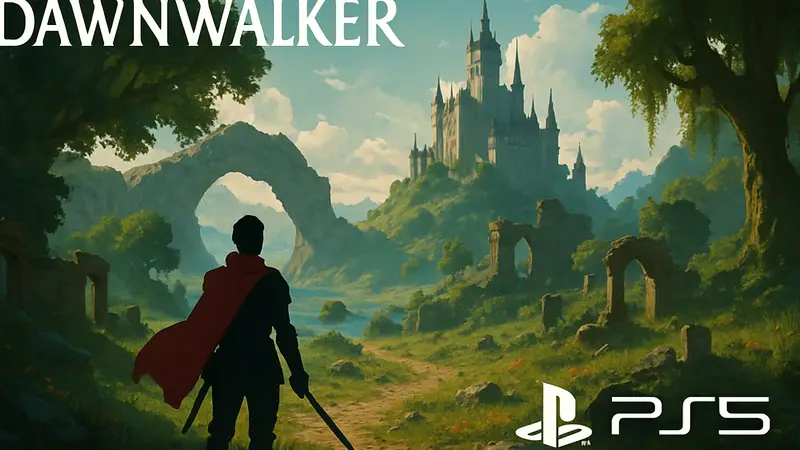 Обложка или скриншот игры Dawnwalker, демонстрирующий фэнтезийный мир и главного героя на PS5.